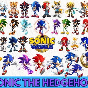 May include: A collection of colorful Sonic the Hedgehog character figurines, including Sonic, Tails, and Knuckles. The image features the text "SONIC WORLD" and "SONIC THE HEDGEHOG" in bold, vibrant colors. The characters are in various action poses.