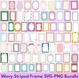 May include: A digital collection of various rectangular and oval frames featuring diverse borders, wavy lines, stripes, and bows in multiple colors. The collection is labeled with the text Wavy Striped Frame SVG-PNG Bundle at the bottom.