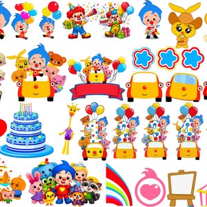 May include: A collection of digital illustrations featuring cartoon characters, including a blue-haired boy, animals, colorful cars, birthday cakes, balloons, and numbers one through five, alongside a red banner, a heart, and a circus tent.
