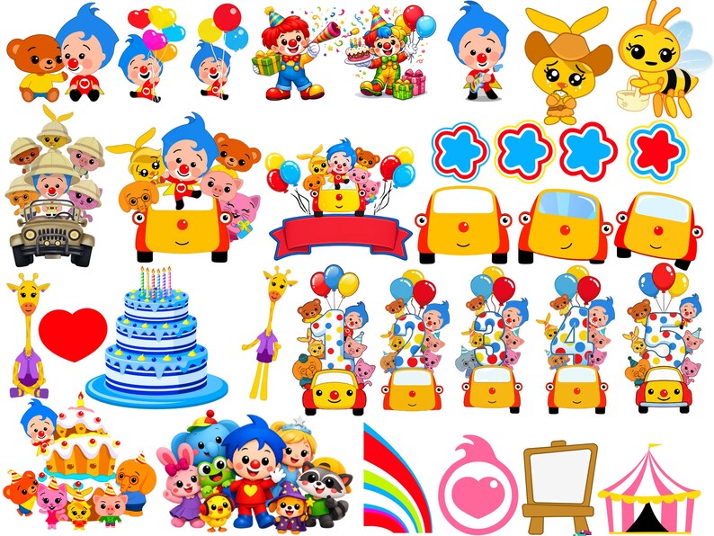 May include: A collection of digital illustrations featuring cartoon characters, including a blue-haired boy, animals, colorful cars, birthday cakes, balloons, and numbers one through five, alongside a red banner, a heart, and a circus tent.