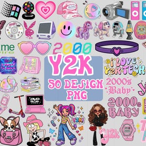 以下が含まれることがあります： ピンク、紫、青色のY2Kをテーマにしたデジタルグラフィックのコレクション。蝶、スマイリーフェイス、ラップトップ、たまごっち、携帯電話、そして「Y2K」、「2000s Baby」、「That's Hot」というテキストが含まれています。