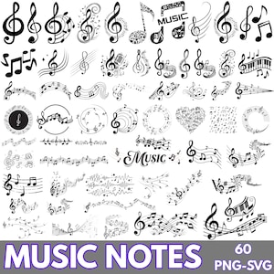Könnte beinhalten: Eine Sammlung von sechzig schwarz-weißen digitalen Illustrationen mit verschiedenen Musiknoten, Violinschlüsseln, Notenlinien und dem Wort MUSIC. Diese grafischen Elemente sind in einem Raster angeordnet und zeigen diverse Stile und Kompositionen.