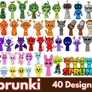 Pode incluir: Uma coleção de 40 designs de personagens de desenhos animados, incluindo robôs, gatos e criaturas com várias expressões. Os personagens estão em uma variedade de cores, como verde, laranja, roxo e azul. A palavra "Sprunki" é exibida em uma fonte colorida.