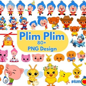Può includere: Una collezione di oltre 80 illustrazioni grafiche digitali in formato PNG con il personaggio dei cartoni animati Plim Plim, vari orsacchiotti, maiali, un'ape e un pulcino. Il testo Plim Plim 80+ PNG Design è centrato su sfondo giallo.