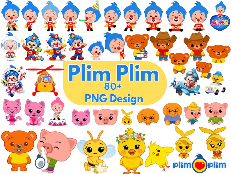 May include: A collection of over 80 digital PNG graphic illustrations featuring the cartoon character Plim Plim, various teddy bears, pigs, a bee, and a chick. The text Plim Plim 80+ PNG Design is displayed in the center on a yellow background.