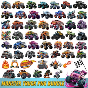 Peut inclure: Une collection numérique d'illustrations de monster trucks présentant divers designs colorés, des pneus surdimensionnés et des motifs de flammes. L'ensemble comprend des graphiques de camions, des drapeaux à damier et le logo Blaze.