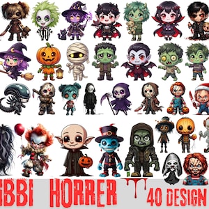 May include: A collection of 40 chibi horror character designs. The characters include a variety of monsters, villains, and spooky figures, such as vampires, zombies, and clowns. The phrase "CHIBBI HORROR" is written in red at the bottom of the image.