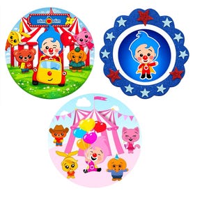 May include: Three circular Plim Plim themed decorations. The top left shows characters in a red circus tent with a yellow car. The top right is a blue scalloped border with stars and a central character. The bottom shows characters with balloons.