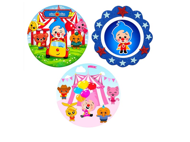May include: Three circular Plim Plim themed decorations. The top left shows characters in a red circus tent with a yellow car. The top right is a blue scalloped border with stars and a central character. The bottom shows characters with balloons.