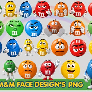 Könnte beinhalten: Eine Sammlung von 26 M&M's-Bonbons mit verschiedenen Gesichtsausdrücken. Die Bonbons sind in verschiedenen Farben erhältlich, darunter Grün, Gelb, Blau, Rot und Orange. Jedes Bonbon hat ein weißes "m" aufgedruckt. Der Text "26 M&M FACE DESIGN'S PNG" befindet sich unten.