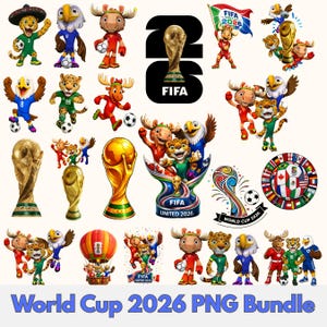 以下が含まれることがあります： FIFAワールドカップ2026のデジタルグラフィック集。擬人化された動物キャラクター、金色のワールドカップトロフィー、熱気球、国際旗が描かれた円形エンブレムなどが含まれ、中央には「26 FIFA」の文字が配置されています。