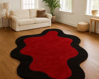 Handtufted Wool Rug: Abstract Red & Black Wavy Edge Carpet