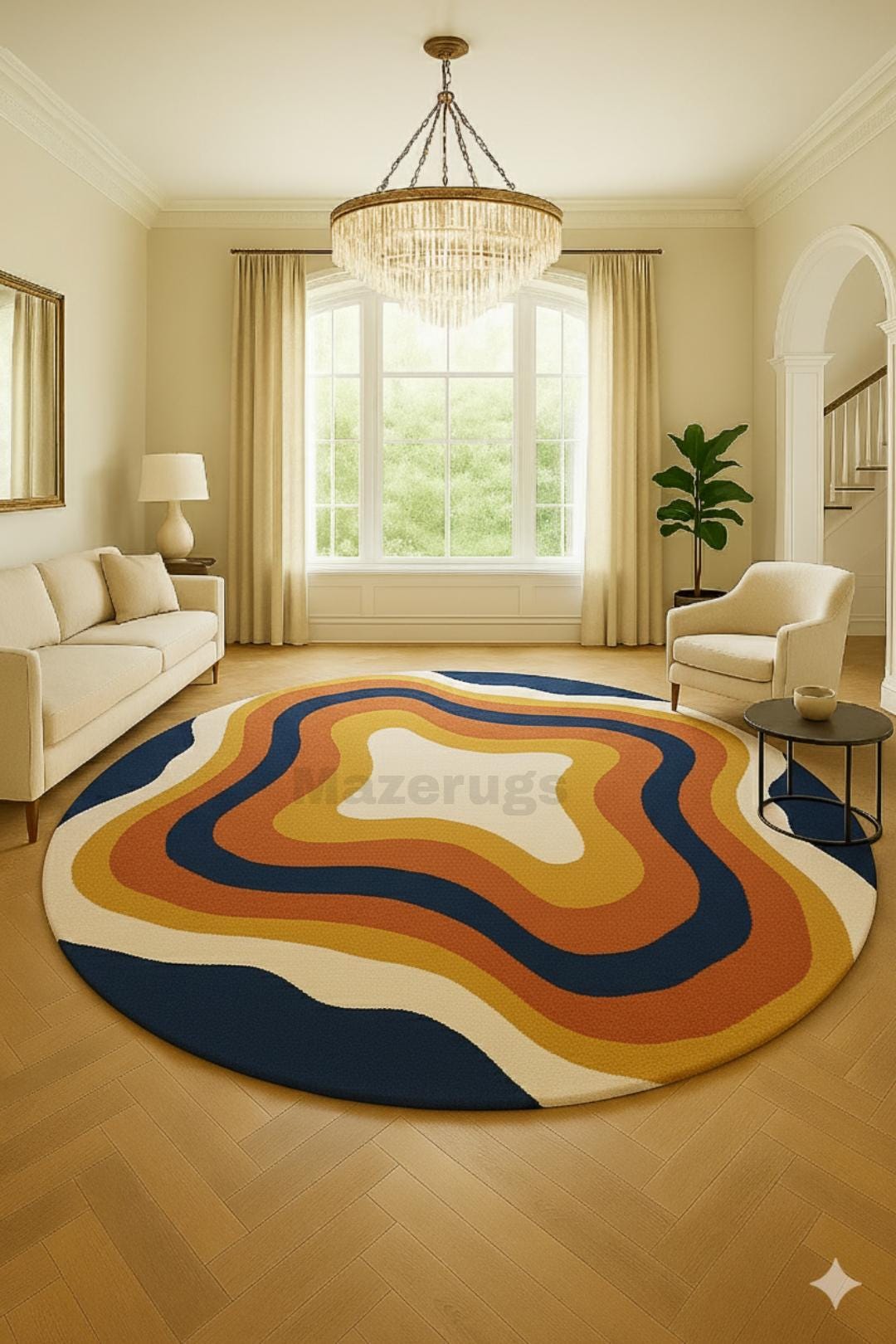 Abstract Waves Rug: Mid Century Modern Carpet in Navy, Rust, Mustard - Etsy