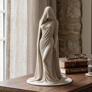 Skulptur einer verschleierten Dame, geheimnisvolle Göttinnenfigur, elegante gotische Dekoration, klassische Schreibtischdekoration, perlmuttweiße Statue