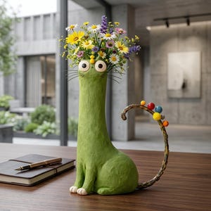 May include: A whimsical, green cat-shaped vase with a long neck, large eyes, and a curved tail adorned with colorful spheres. The vase is filled with a vibrant arrangement of daisies, lavender, and other wildflowers. The cat is sitting on a wooden desk.