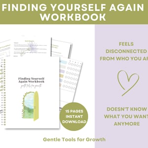 Peut inclure: Un cahier d'exercices à reliure spirale intitulé Finding Yourself Again Workbook avec une illustration de porte ouverte sur la couverture. Il contient 15 pages avec du texte comme Feels Disconnected From Who You Are et Gentle Tools for Growth.