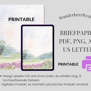 Könnte beinhalten: Druckbares Briefpapier-Set mit einem Aquarell-Landschaftsdesign in Lavendel- und Grüntönen. Enthält linierte und unlinierte Seiten, verfügbar in PDF- und PNG-Formaten, A4- und US-Letter-Größen. Das Wort "PRINTABLE" wird angezeigt.