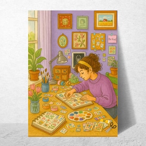 Pode incluir: Ilustração de uma pessoa trabalhando em uma mesa, cercada por materiais de arte e quadros emoldurados. A pessoa está vestindo um suéter roxo e uma faixa de cabelo amarela. A mesa tem um caderno, uma paleta de pintura e vários itens decorativos. A parede tem quadros emoldurados e um post-it que diz "Be Kind".