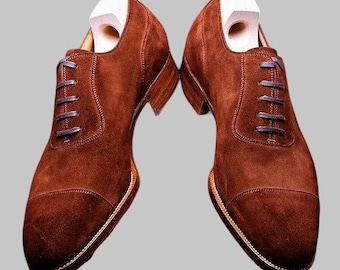 Zapatos de vestir con cordones y puntera Oxford de ante marrón genuino hechos a mano para hombre