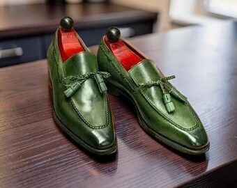 Handmade Leather Green Shoes Oxford Dress Slip On Loafer moccasin dress Shoes