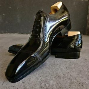 Handmade Premium Quality Black Leather Oxford Dress Toe Cap Lace Up Men Shoes