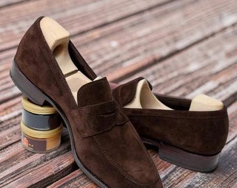 メンズハンドメイドスエードレザーペニーローファーシューズ、モカシンシューズ、スリッポンシューズ