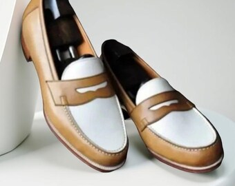 Bespoke Men' Handmade Tan & White Leather Oxford Penny Loafer Formal Dress Shoe