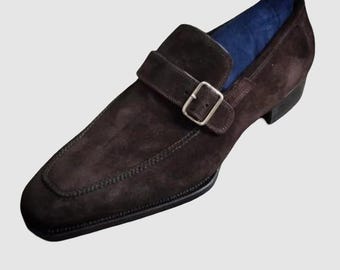 Handmade men brown suede monk shoes, formal dress moccasin for men, leather shoe