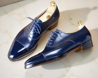 Handmade Men's Navy Blue Leather Shoes, Lace-Up Cap Toe Formal Dress Shoes