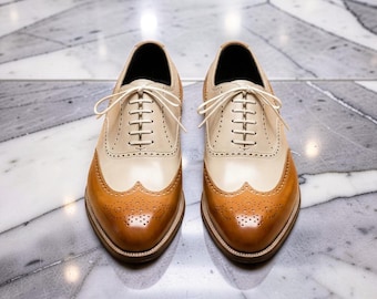 Chaussures habillées homme bicolores en cuir crème orange faites main