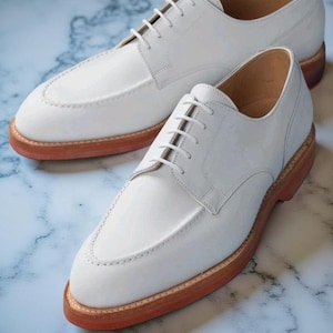 Bespoke Handmade Men&#39;s Pure White Leather Derby Dress Shoes, Formal Laces Shoe