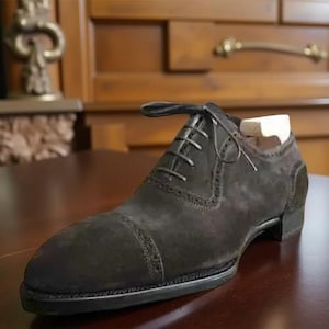 Handmade Mens Genuine Gray Dress Suede Leather Oxford Cap Toe Lace up Shoes