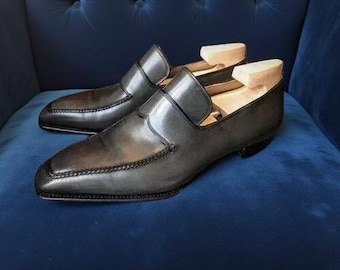 Handmade Men Gray Leather Moccasin Shoes, Gray Business Office Dress Shoes