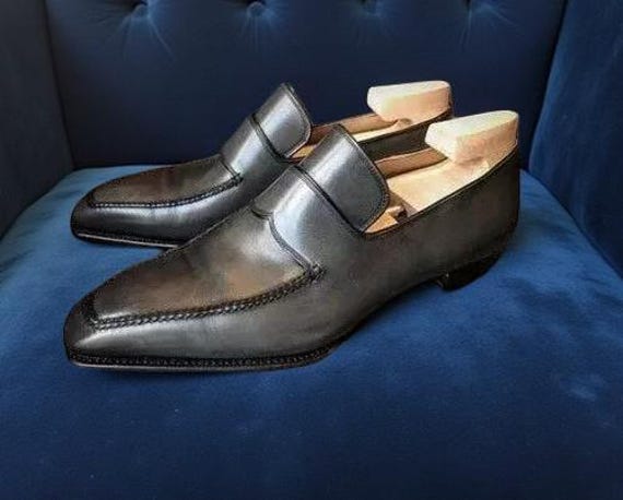 Handmade Men Gray Leather Moccasin Shoes, Gray Business Office Dress Shoes