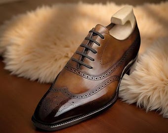 Zapatos formales Oxford de cuero genuino marrón hechos a mano para hombre, con cordones y puntera alada.