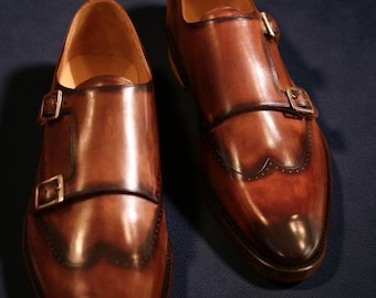 Handmade Tan Leather Double Monk Strap Shoes | Men’s Genuine Wingtip Dress Shoes | Formal & Wedding Footwear