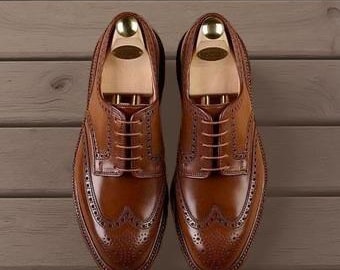 Men's Handmade Genuine Brown Leather Oxford Lace Up Wingtip Formal Dress Shoes