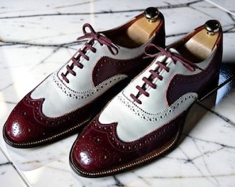 Handmade men brown spectator shoes, wingtip brogue shoes for men, dress shoes