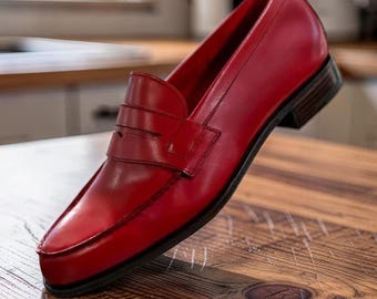 Genuine Men Handmade Shoes Red Leather Moccasin Slip-On Formal Wedding Shoes