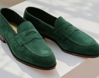 Handmade me green suede penny loafer shoes, formal dress leather moccasin shoes
