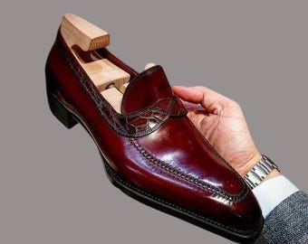 Ręcznie robione męskie bordowe skórzane buty wizytowe, skórzane buty męskie, mokasyny biurowe