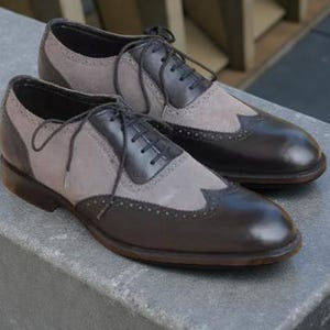Mens Leather & Suede Black Gray wing tip Oxford STEMAR Italian shoes
