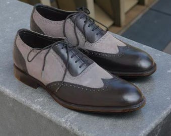Zapatos Oxford STEMAR italianos para hombre, de piel y ante, color negro y gris, con puntera de ala.