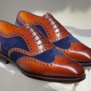 Handmade Men&#39;s Wing Tip Brogue Lace Up Dress Shoes, Real Leather Suede Shoes