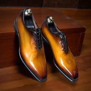 Custom Made Men&#39;s Tan Leather Black Shaded Oxford Lace up Wholecut Casual Shoes