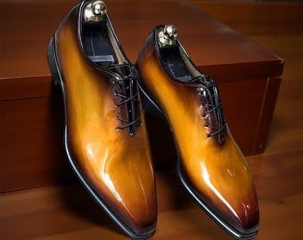 Custom Made Men's Tan Leather Black Shaded Oxford Lace up Wholecut Casual Shoes