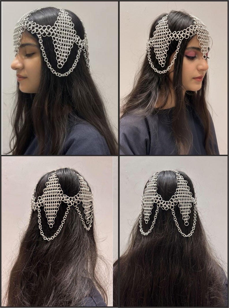 Puede incluir: Una diadema de cota de malla plateada con un dise&ntilde;o geom&eacute;trico. La diadema presenta una serie de anillos interconectados que forman una estructura similar a una corona, con cadenas colgantes. El accesorio se lleva en la cabeza.