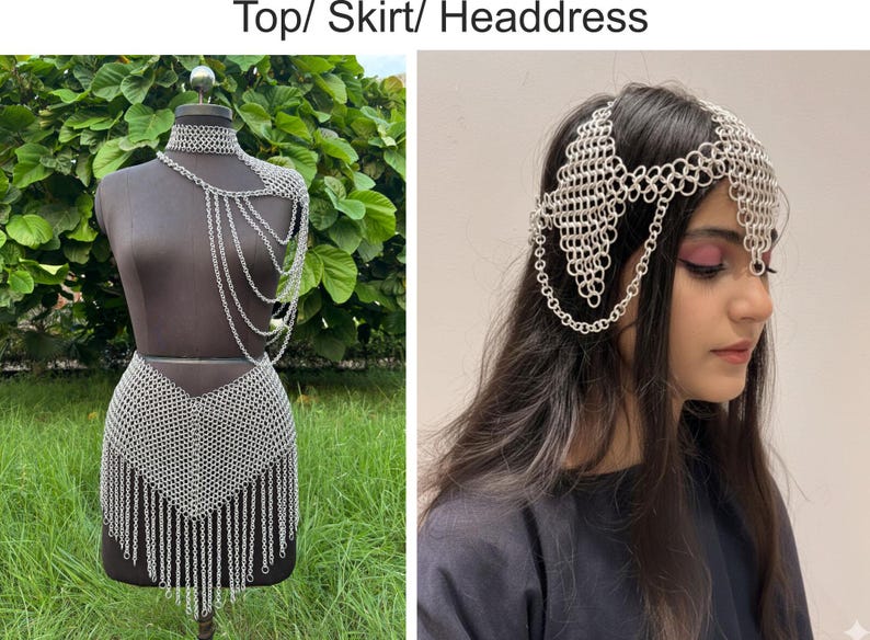 Puede incluir: Un conjunto de top, falda y tocado de cota de malla plateada. El top presenta un choker y una ca&iacute;da en el hombro con cadenas colgantes. La falda tiene un dobladillo con flecos. El tocado lo lleva una persona con pelo largo y oscuro.