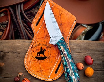 Handmade Cowboy Belt Knife: Green Epoxy Pine Cone Handle, Western Sheath