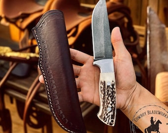 Survival Tool: Stag Horn Handle Hunting Knife in Leather Sheath
